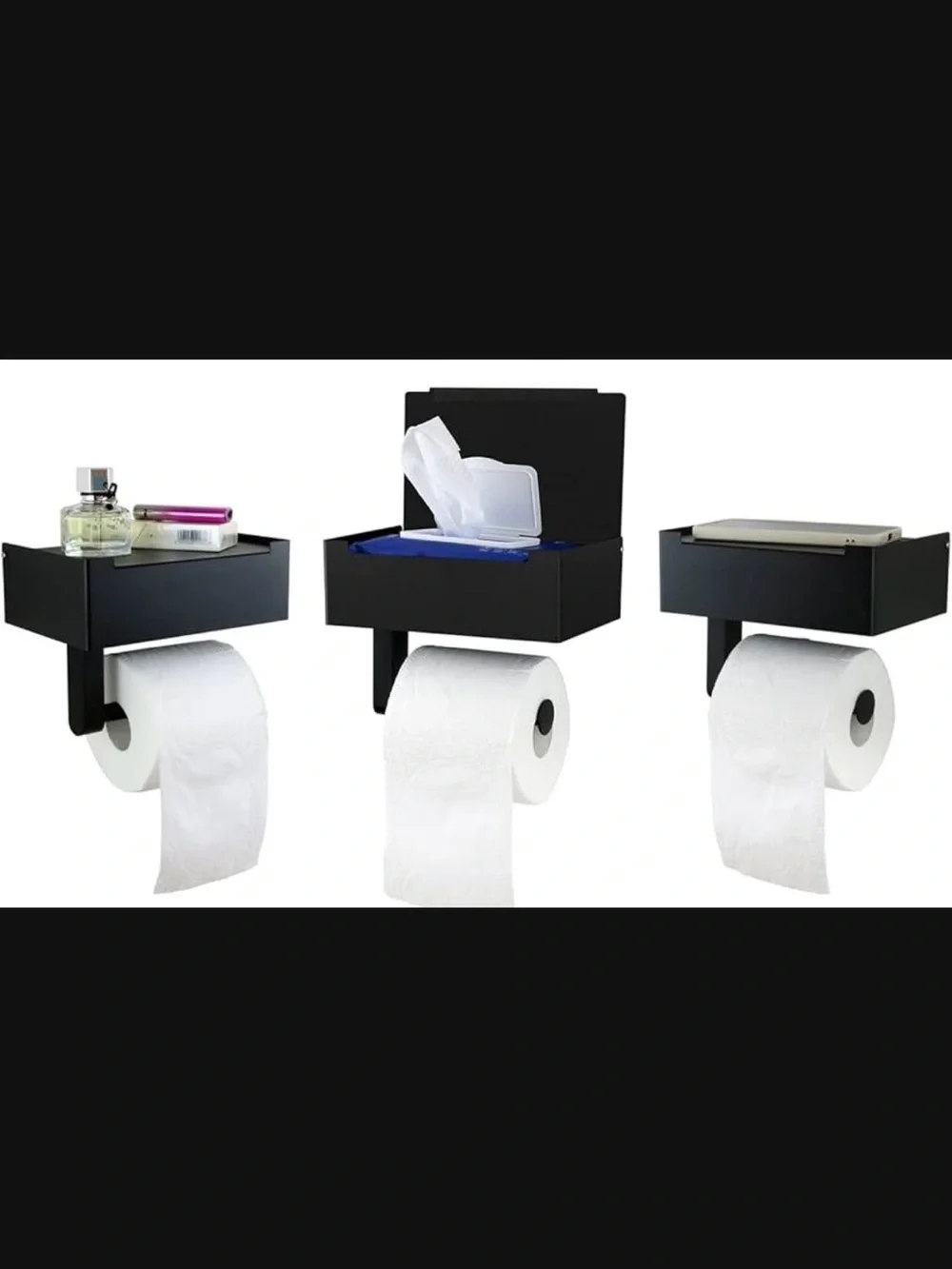 Black Wall-Mounted Bathroom Storage Shelf with Toilet Paper Holder